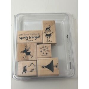 Stampin Up Sparkly & Bright Wood Mount Rubber Stamp Set Christmas Holiday 6pc